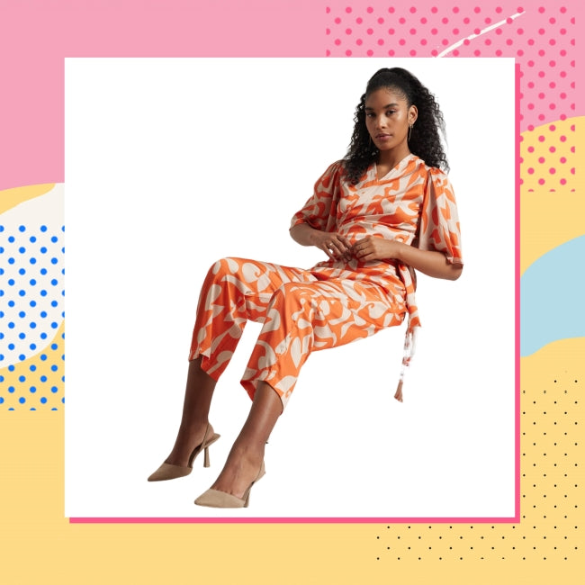 Satin Abstract Print Wrap Co-ord Set for Women – Short Sleeve Top & Straight Pant, Sizes S to XL