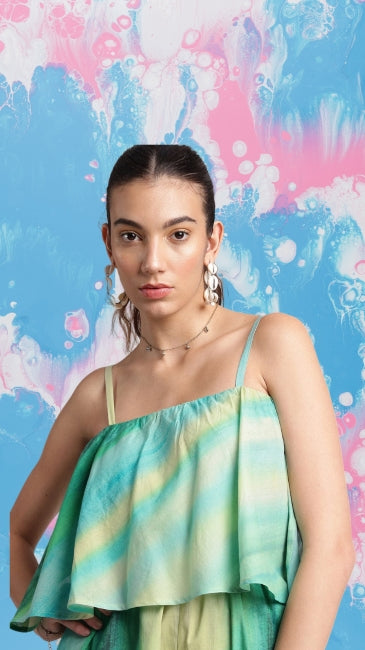 Multicolor cotton layered jumpsuit for women with spaghetti straps – summer casual wear