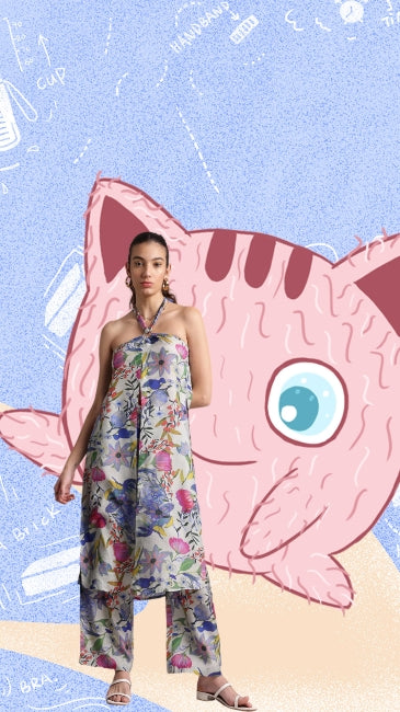 Floral printed viscose blend co-ord set for women with halter neck and back tie-up – resort wear style