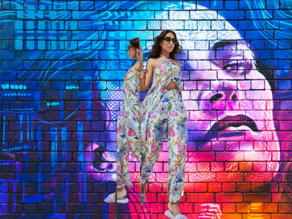 Floral printed viscose blend co-ord set for women with halter neck and back tie-up – resort wear style