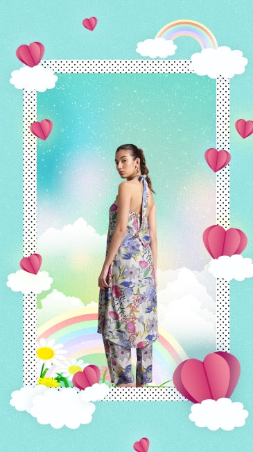Floral printed viscose blend co-ord set for women with halter neck and back tie-up – resort wear style