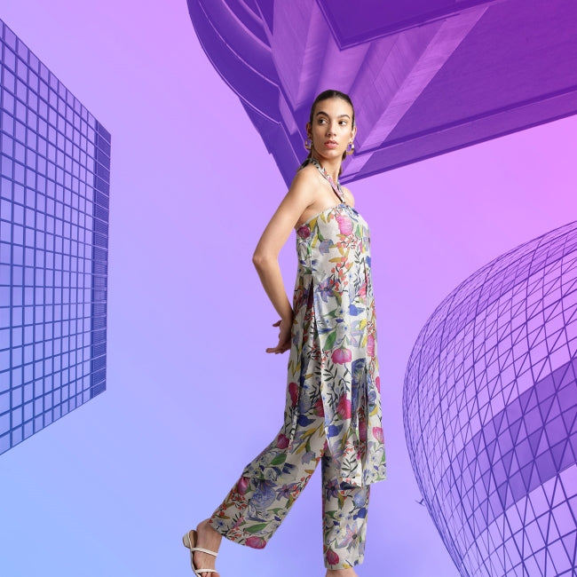 Floral printed viscose blend co-ord set for women with halter neck and back tie-up – resort wear style