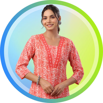 Red Cotton Batik Print Straight Kurta with Pant Set for Women