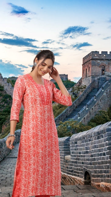 Red Cotton Batik Print Straight Kurta with Pant Set for Women