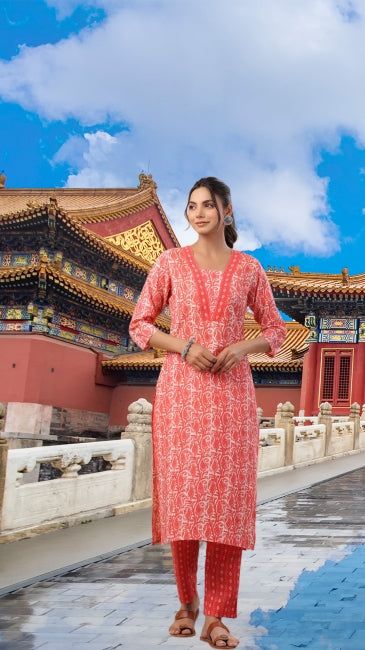 Red Cotton Batik Print Straight Kurta with Pant Set for Women