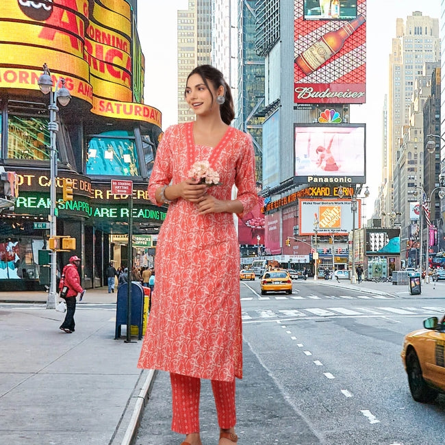 Red Cotton Batik Print Straight Kurta with Pant Set for Women