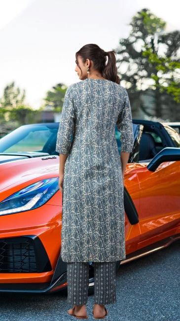 Blue Cotton Printed Straight Kurta with Pant Set for Women