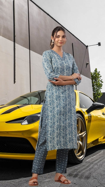 Blue Cotton Printed Straight Kurta with Pant Set for Women