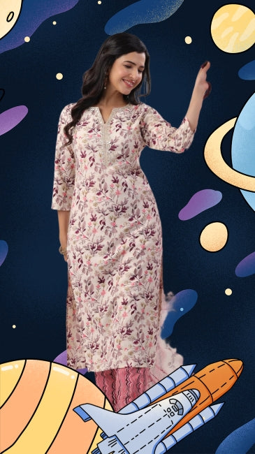 Beige Viscose Floral Straight Kurta Set with Pant and Dupatta for Women