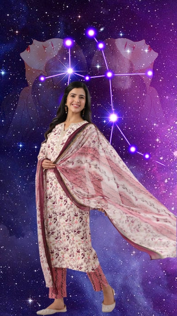 Beige Viscose Floral Straight Kurta Set with Pant and Dupatta for Women