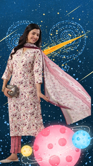 Beige Viscose Floral Straight Kurta Set with Pant and Dupatta for Women