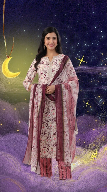 Beige Viscose Floral Straight Kurta Set with Pant and Dupatta for Women