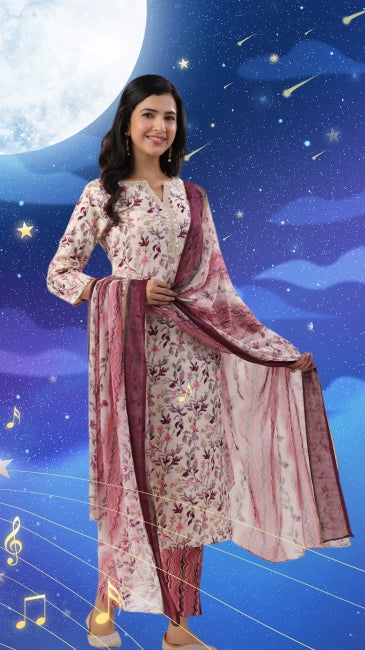 Beige Viscose Floral Straight Kurta Set with Pant and Dupatta for Women