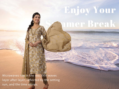 Beige Viscose Geometric Print Kurta Set with Pant and Dupatta for Women (M to XL)