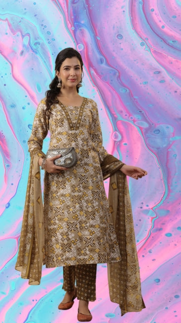 Beige Viscose Geometric Print Kurta Set with Pant and Dupatta for Women (M to XL)