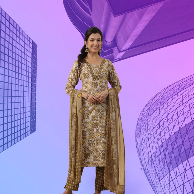 Beige Viscose Geometric Print Kurta Set with Pant and Dupatta for Women (M to XL)