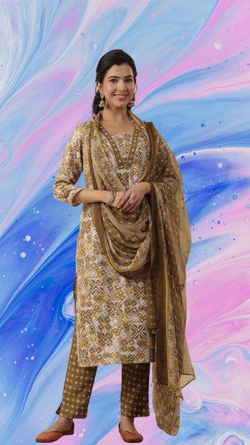 Beige Viscose Geometric Print Kurta Set with Pant and Dupatta for Women (M to XL)