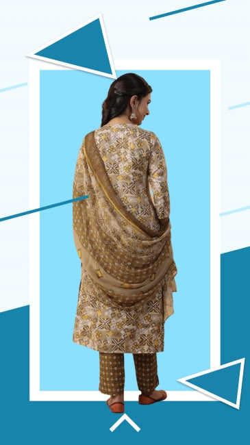 Beige Viscose Geometric Print Kurta Set with Pant and Dupatta for Women (M to XL)