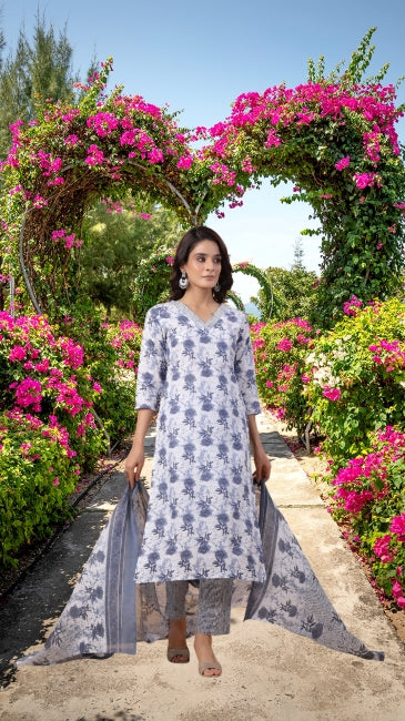 White Cotton Floral Kurta Set with Pant and Dupatta for Women (L and 3XL)