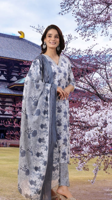 White Cotton Floral Kurta Set with Pant and Dupatta for Women (L and 3XL)