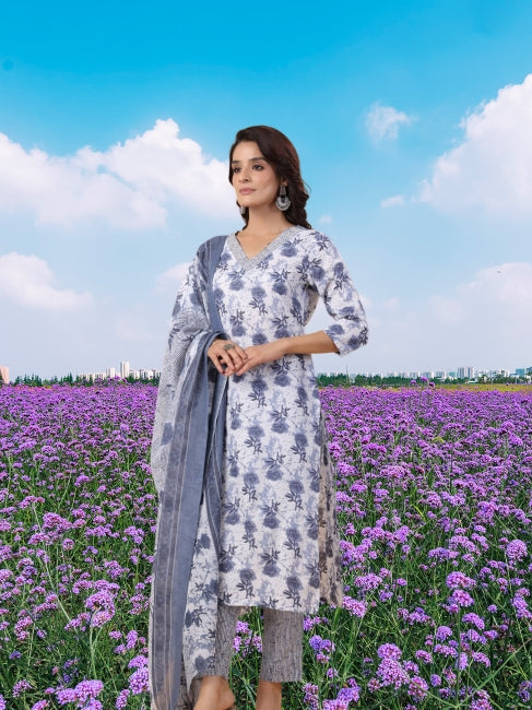 White Cotton Floral Kurta Set with Pant and Dupatta for Women (L and 3XL)