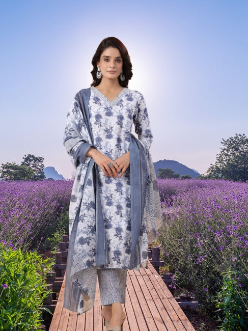 White Cotton Floral Kurta Set with Pant and Dupatta for Women (L and 3XL)