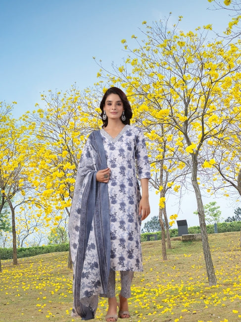 White Cotton Floral Kurta Set with Pant and Dupatta for Women (L and 3XL)
