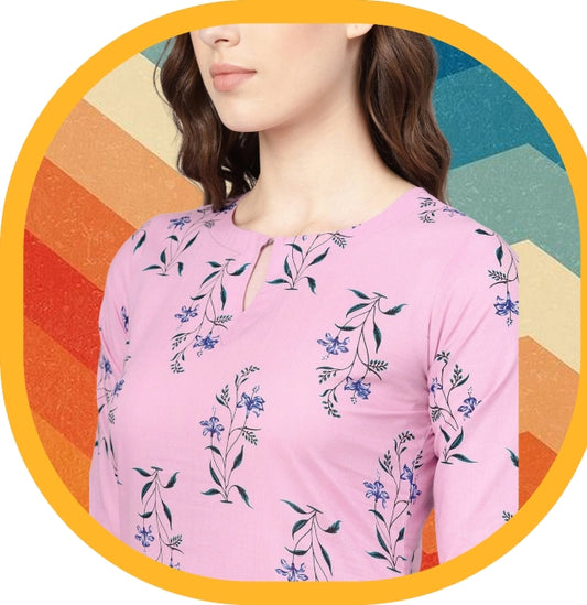 Pink Cotton Floral Printed Straight Kurta with Pant Set for Women