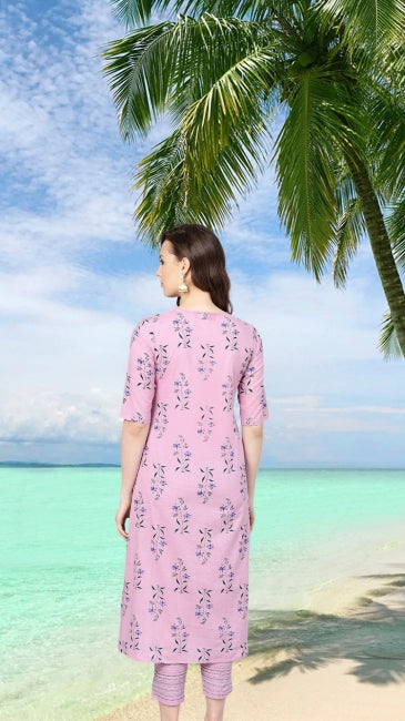 Pink Cotton Floral Printed Straight Kurta with Pant Set for Women