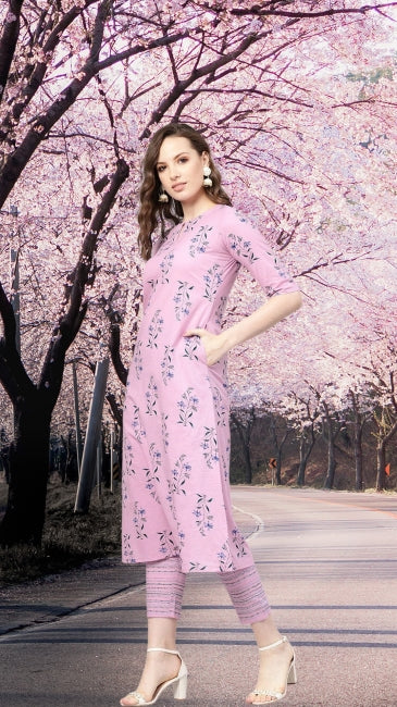 Pink Cotton Floral Printed Straight Kurta with Pant Set for Women