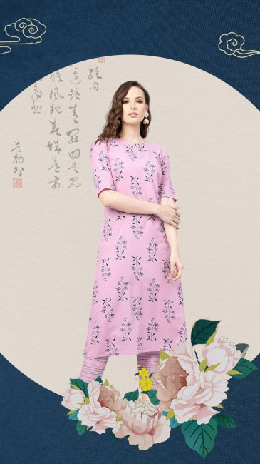Pink Cotton Floral Printed Straight Kurta with Pant Set for Women