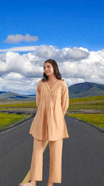 Cotton jacquard co-ord set for women with pleated top and straight pants – self-design daily wear