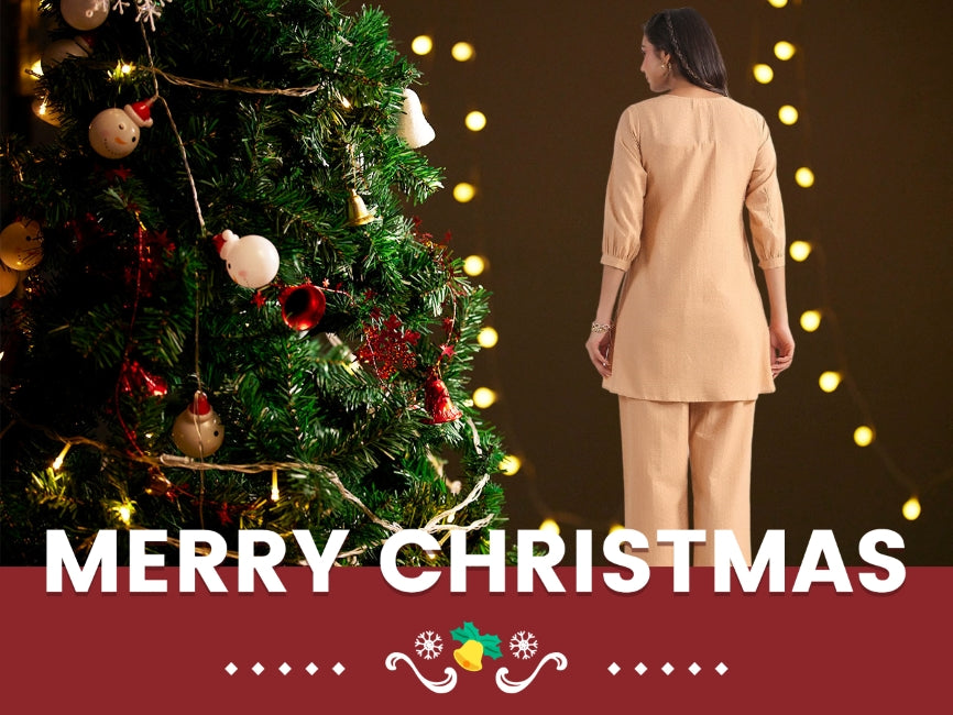 Cotton jacquard co-ord set for women with pleated top and straight pants – self-design daily wear