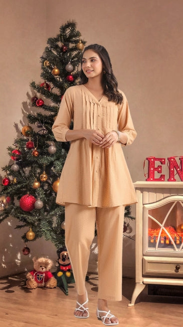 Cotton jacquard co-ord set for women with pleated top and straight pants – self-design daily wear