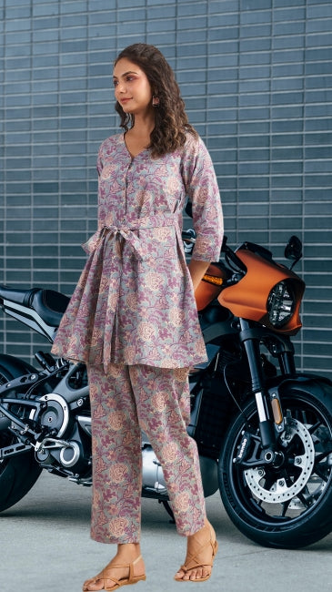 A-line floral cotton co-ord set for women with belt-tie kurti and straight pants – printed daily ethnic wear
