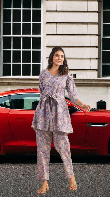 A-line floral cotton co-ord set for women with belt-tie kurti and straight pants – printed daily ethnic wear