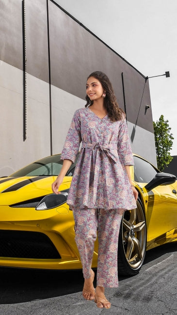 A-line floral cotton co-ord set for women with belt-tie kurti and straight pants – printed daily ethnic wear