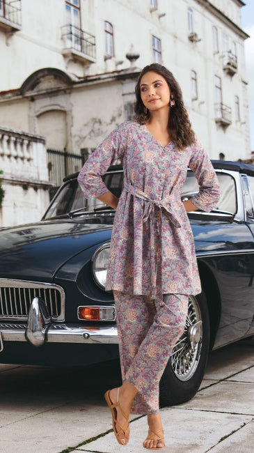 A-line floral cotton co-ord set for women with belt-tie kurti and straight pants – printed daily ethnic wear