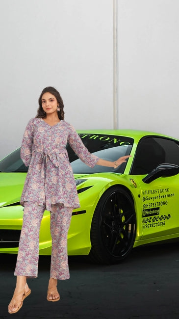 A-line floral cotton co-ord set for women with belt-tie kurti and straight pants – printed daily ethnic wear