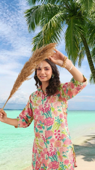 Floral printed cotton co-ord set for women with collared kurti and straight pants – daily summer wear