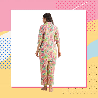 Floral printed cotton co-ord set for women with collared kurti and straight pants – daily summer wear