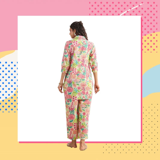 Floral printed cotton co-ord set for women with collared kurti and straight pants – daily summer wear