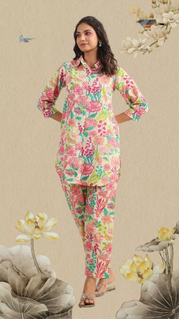 Floral printed cotton co-ord set for women with collared kurti and straight pants – daily summer wear