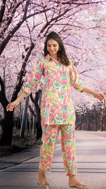 Floral printed cotton co-ord set for women with collared kurti and straight pants – daily summer wear