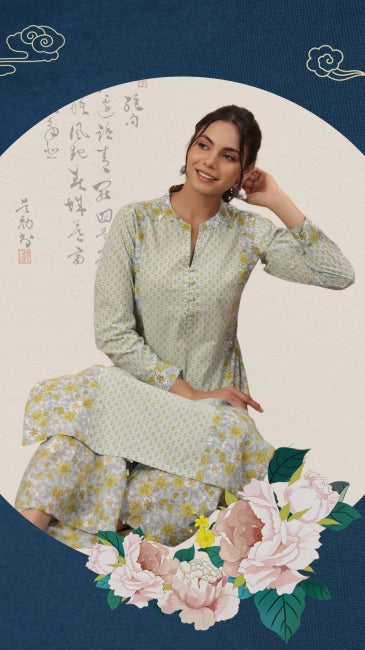 cotton kurti pant set for women with all-over print and straight-fit silhouette – daily ethnic wear