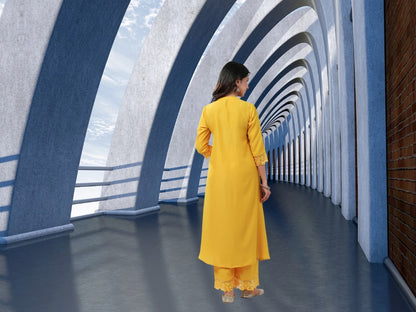 Muslin A-Line Kurta Pant Set for Women with Pleated Front and Embroidered Sleeve Detail