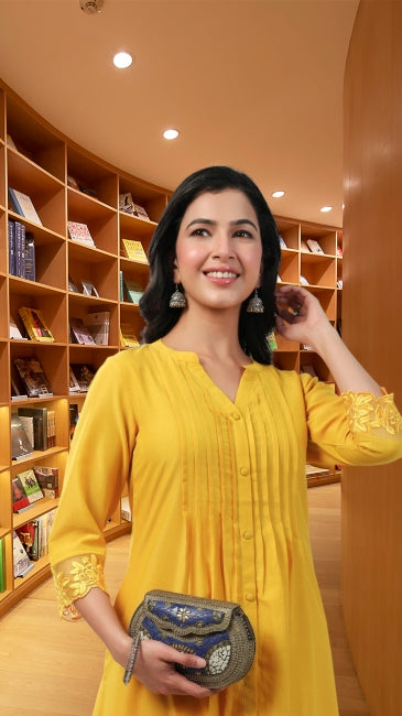 Muslin A-Line Kurta Pant Set for Women with Pleated Front and Embroidered Sleeve Detail