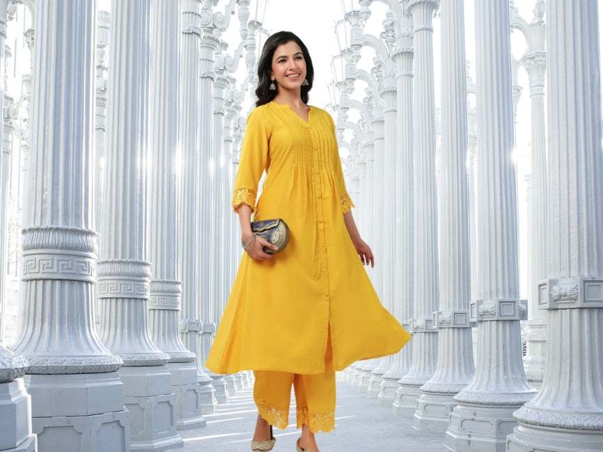 Muslin A-Line Kurta Pant Set for Women with Pleated Front and Embroidered Sleeve Detail