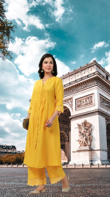 Muslin A-Line Kurta Pant Set for Women with Pleated Front and Embroidered Sleeve Detail