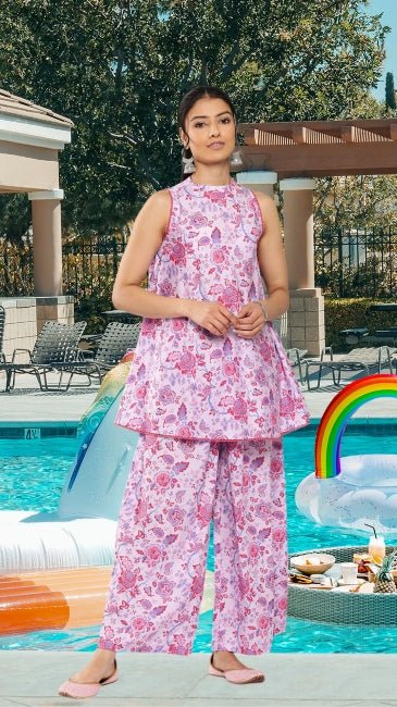 Pink Crepe Digital Printed Sleeveless Co-ord Set for Women – Flared Top with Wide-Leg Pants